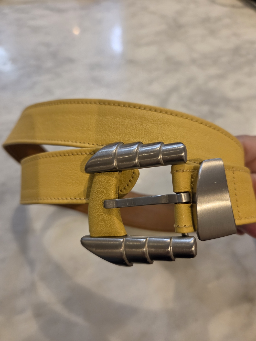 Vintage Gianni Versace Yellow Leather Belt with Sculpted Silver Buckle Size 90